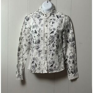 Veeko Women's White Floral Butterfly Ruffle High Neck 100% Cotton Blouse Size  M